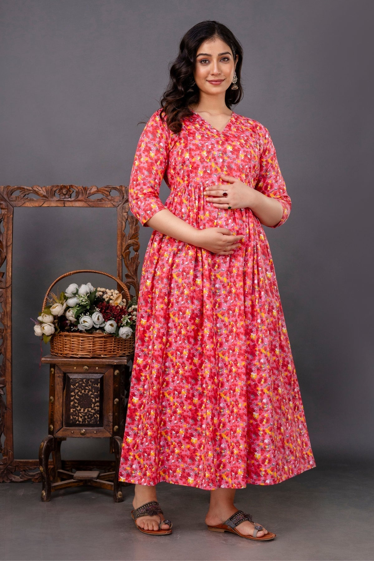 Pure Cotton Maternity Dress With Both-Side Hidden Zip - Pink Style