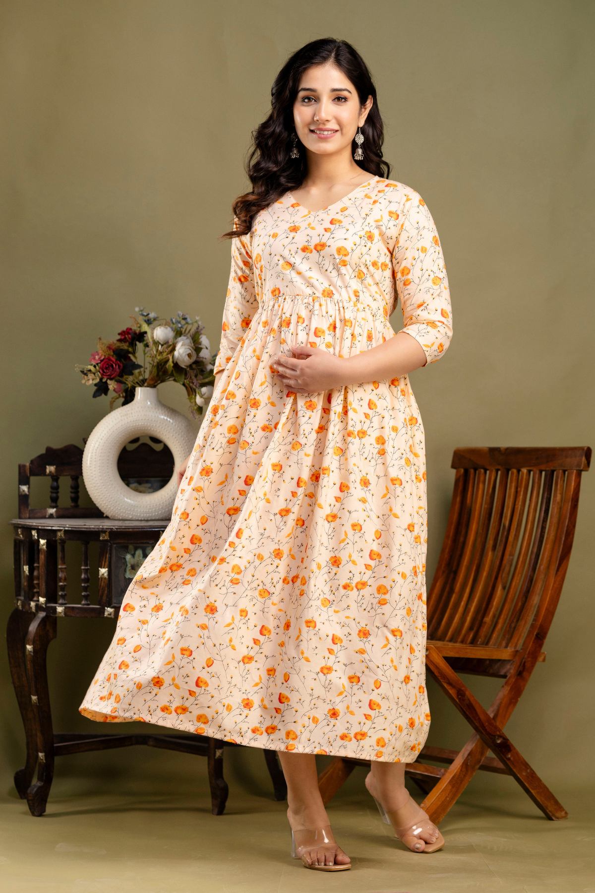 Pure Cotton Maternity Dress With Both-Side Hidden Zip - Peach Petal