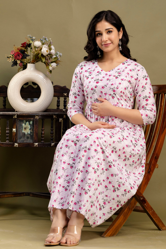 Pure Cotton Maternity Dress With Both-Side Hidden Zip - Rosy